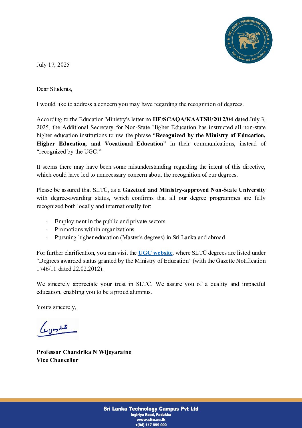 Message from the Vice Chancellor to Students: Reassurance of Degree Recognition