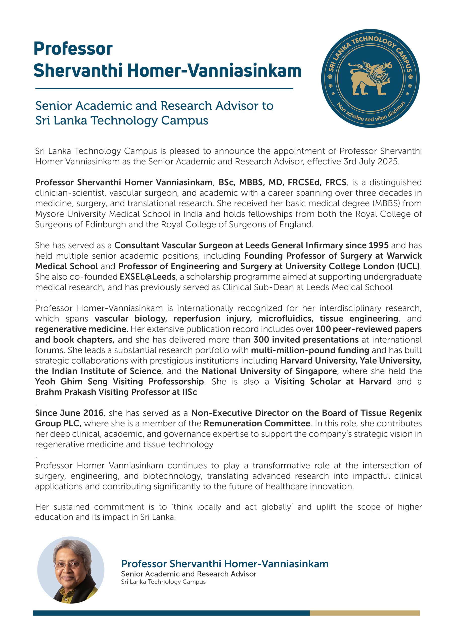 SLTC Appoints Professor Shervanthi Homer-Vanniasinkam as Senior Academic and Research Advisor